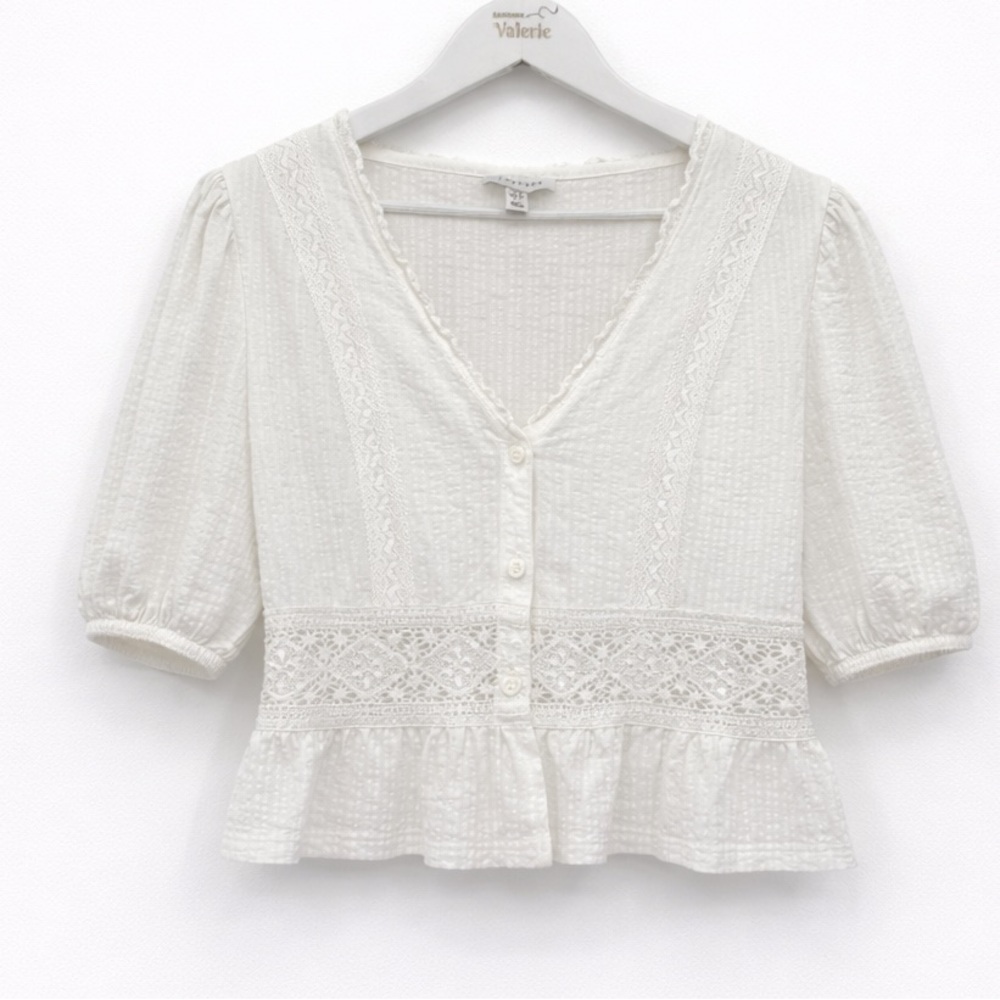 Topshop White Dainty Eyelet Button Front Blouse Top Cropped Coquette Size 6